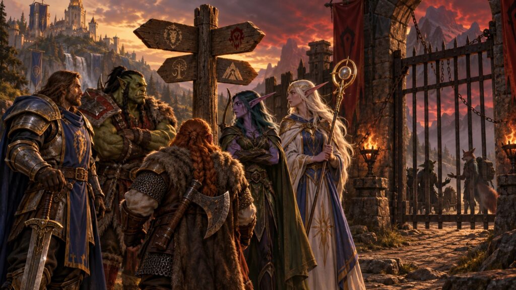 Klassische Fantasyvölker stehen an einer Wegkreuzung, während spätere Reisende vor einem geschlossenen Tor warten.