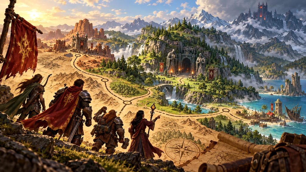 Abenteurer folgen einer verzweigten Weltkarte in eine neu entdeckte Zone mit Dungeon.