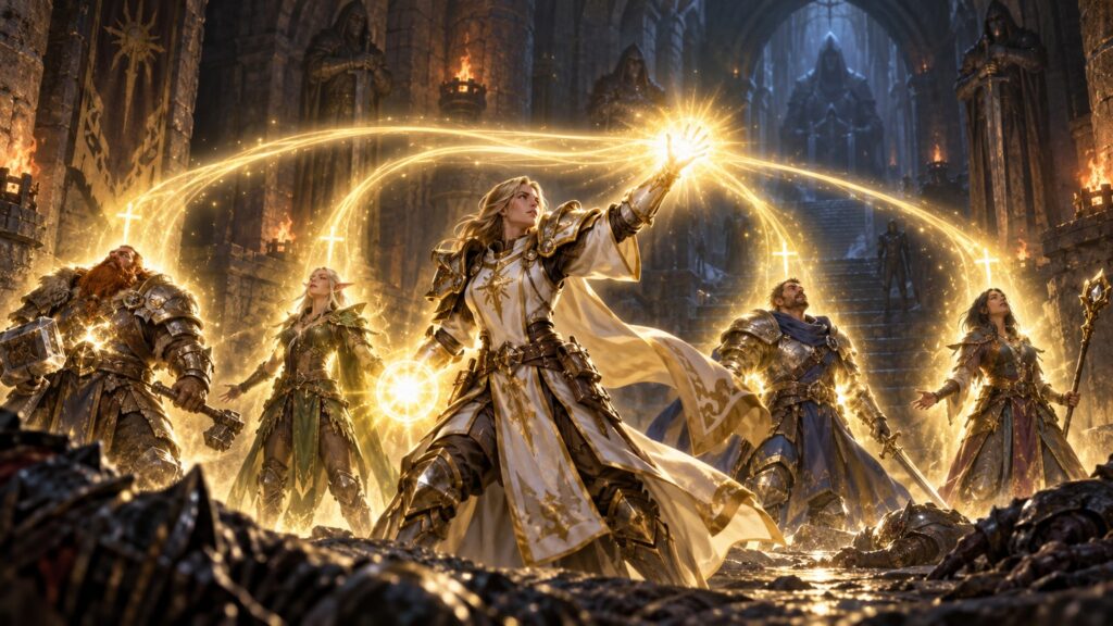 Eine Heiligpaladin heilt mit goldenem Licht ihre gesamte Gruppe.