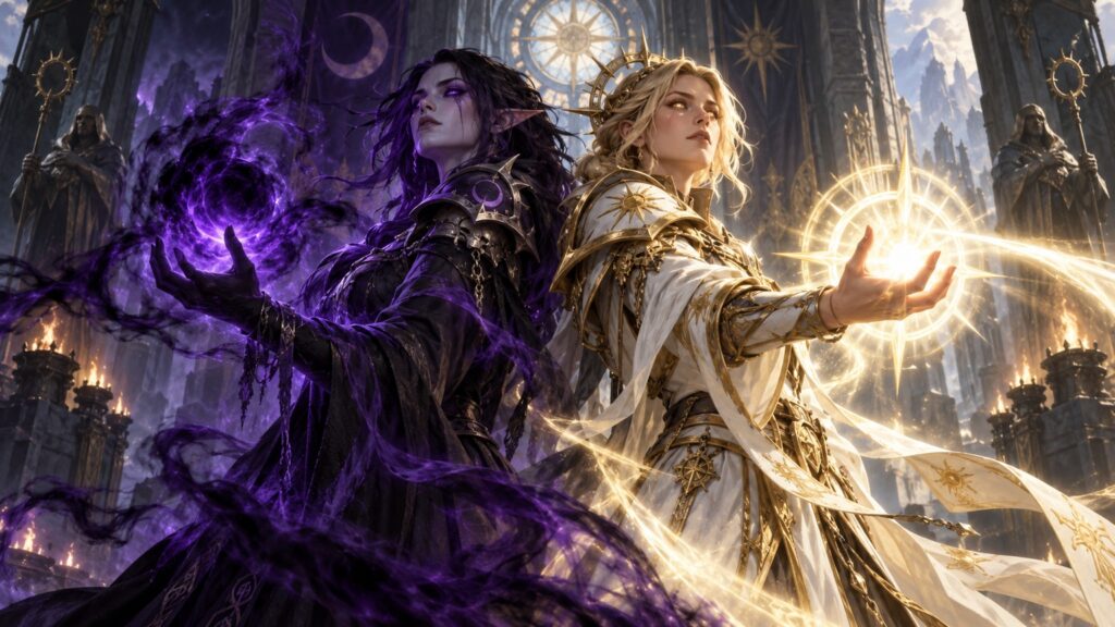 Ein Schattenpriester und ein offensive Heiligpriester wirken violette und goldene Magie.