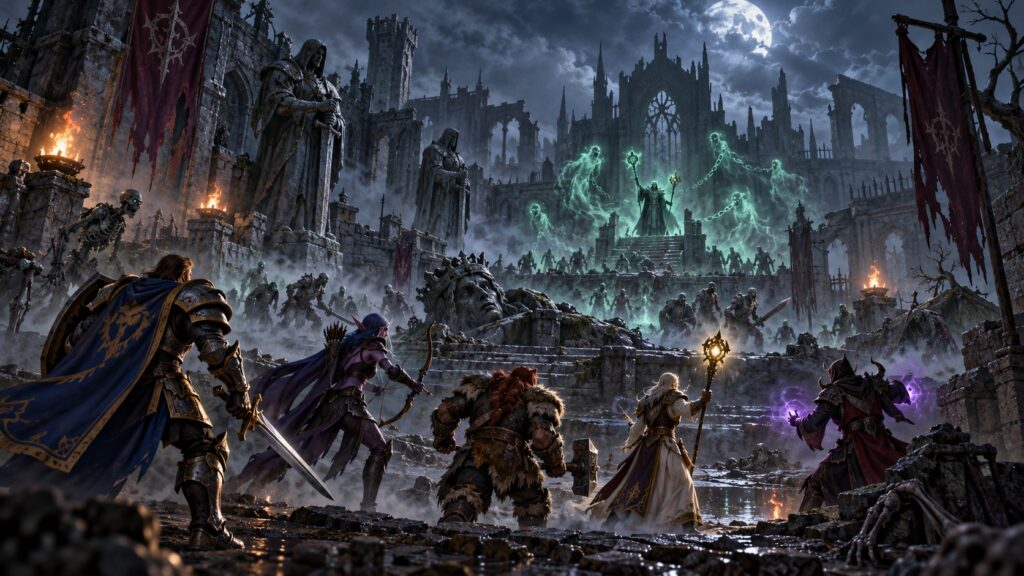 Eine Abenteurergruppe kämpft in den nebelverhangenen offenen Ruinen von Lordaeron gegen Untote und einen Nekromanten.
