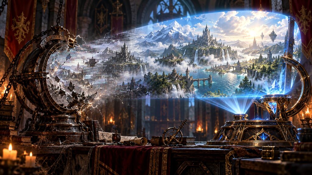 Ein altes Arkangerät flackert, während ein neuer Kristall eine detailreiche Fantasywelt projiziert.