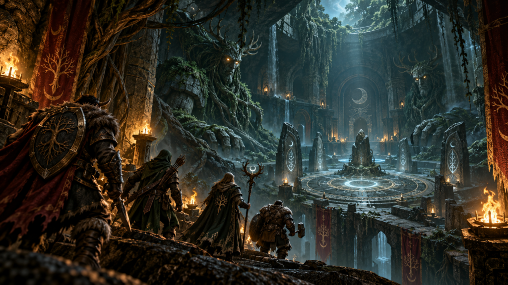 Eine Schlachtzugsgruppe steigt in uralte, wurzelüberwachsene Nachtelfenkatakomben mit vertrauten Warcraft-III-Motiven hinab.
