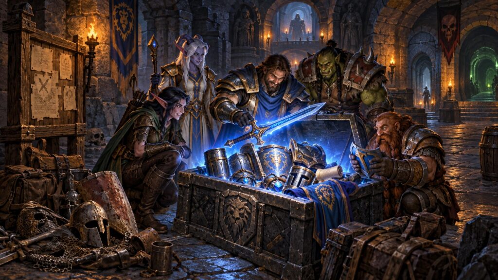 Eine Abenteurergruppe entdeckt in einem alten Dungeon eine Truhe mit überarbeiteten blau leuchtenden Belohnungen.